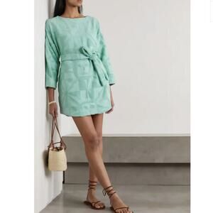 Lucy Folk Sol Belted Cotton Terry Mini Dress Size Large Blue Shapes Faces Pocket